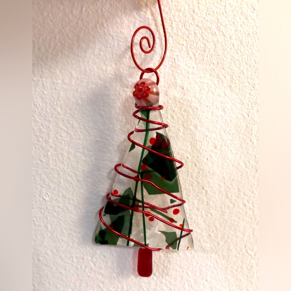 Three Handmade Funky Fused Glass Christmas Tree Ornaments